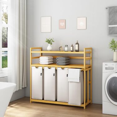 Кошик для білизни AdelDream Premium 200L з 4 відділеннями, бамбуковий каркас, знімний мішок, бежевий колір. Органайзер для білизни у ванну кімнату та спальню