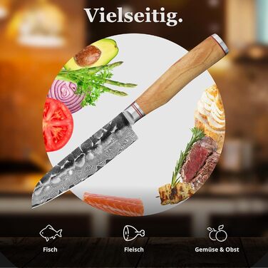 Японський ніж Santoku Wakoli Olive з дамаської сталі (серцевина VG10), 13 см – гострий та ергономічний – ніж з ручкою з оливкового дерева в подарунковій коробці, для овочів та фруктів