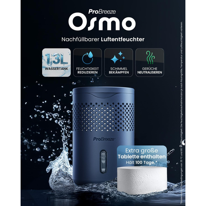 Pro Breeze Osmo: Безшумний та перезаповнюваний осушувач повітря для дому, спальні, шафи, авто. Таблетка 700г (до 100 днів). Колір: Marineblau (Морський синій)