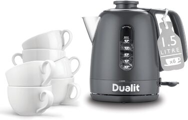 Чайник Dualit Domus білий - 1,5 л 3 кВт Чайник з нержавіючої сталі - Двосторонні скляні вікна для вимірювання - Чайник швидкого нагріву із запатентованою технологією Sure Pour - Чайник без бісфенолу А (сірий)