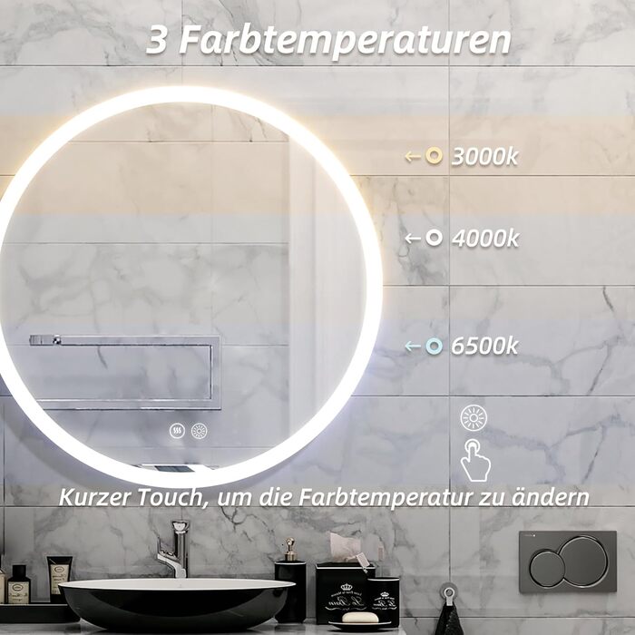 Дзеркало для ванної кімнати HySail з підсвічуванням, 5 мм, високоякісне срібне скло, 3 колірні температури та регульована яскравість, настінне дзеркало з сенсорним перемикачем та антизапарюючим покриттям, кругле (3 кольори + регулювання, 80x80 см)
