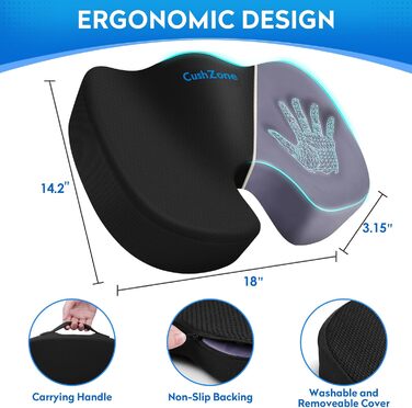 Подушка для сидіння CushZone для офісного крісла, автокрісла, з Memory Foam для полегшення болю в куприку (чорна)