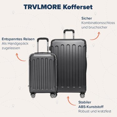 Набір валіз TRVLMORE 2 шт. з твердим корпусом - Чемодан та набір ручних валіз - Набір валіз 2 шт. - Набір валіз для подорожей 2 шт. - Набір валіз з твердим корпусом 2 шт. - Набір ручних валіз 2 шт. - Чорний набір валіз 2 шт.