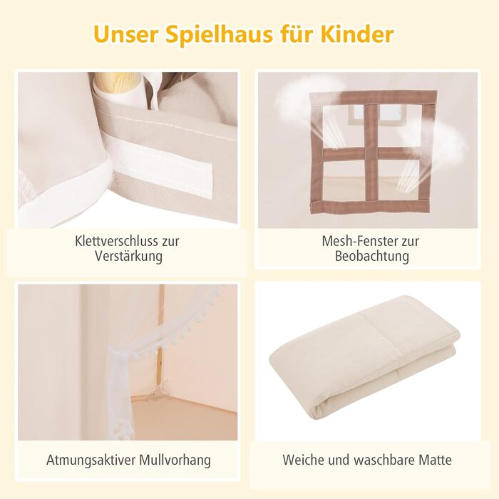 Дитяче намет-ігровий будиночок Dreamade з м'якою дахом та вікнами, дерев'яний каркас, для хлопчиків та дівчаток (Бежевий)