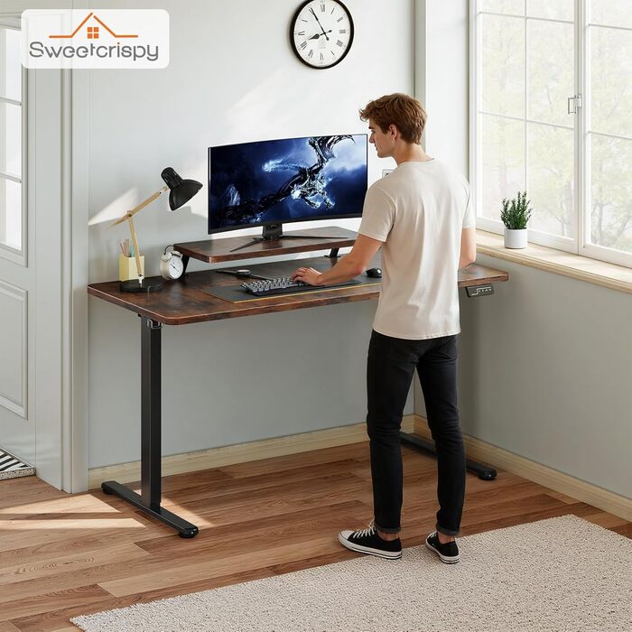 Регульований стіл Sweetcrispy з підставкою для монітора, 120 x 60 см. Електричний, ергономічний стіл для стоячи/сидячи, комп'ютерний стіл, вінтажний коричневий, 120 x 60 см