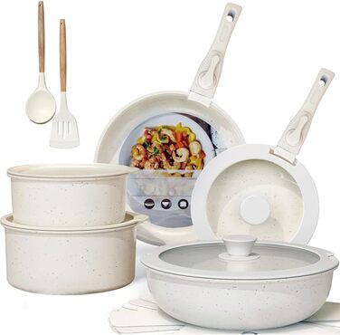 Набір посуду MDHAND 17 частин з гранітною емалевою поверхнею, антипригарне покриття, знімні ручки. Включає сковорідки, каструлі та супові горщики для приготування, смаження та тушкування.