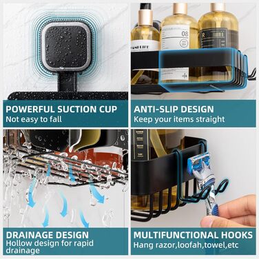 Корзина для душу TAILI з нержавіючої сталі, без свердління, чорна, 2 шт.