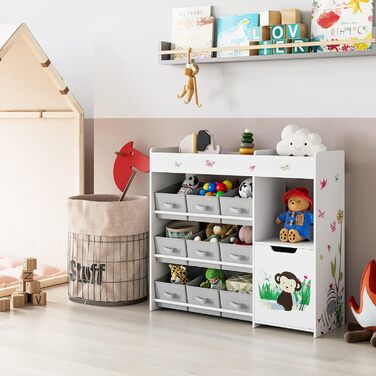 Дитяча полиця для іграшок HOCSOK з 9 ящиками, органайзер для іграшок, великий об'єм зберігання, книжкова полиця для дитячої кімнати, дерево, білий, 90 x 80 x 29,5 см