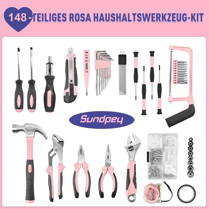Набір інструментів Sundpey 148 предметів в кейсі - рожевий, з викрутками, ключами, плоскогубцями та тестером напруги для дому та майстерні