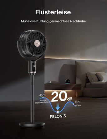 PELONIS вентилятор підлоговий Smart з осциляцією, DC мотор, 9 швидкостей, 26dB, регулювання висоти 36-110см, 9H