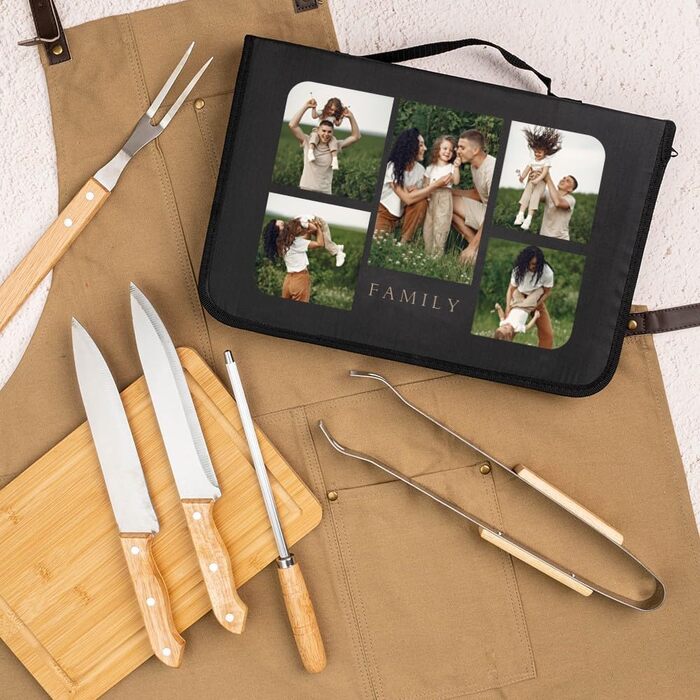 Wanapix Набір для барбекю з персоналізацією | 6 аксесуарів (2 ножі, заточувач, ніж для нарізання, щипці, бамбукова дошка)
