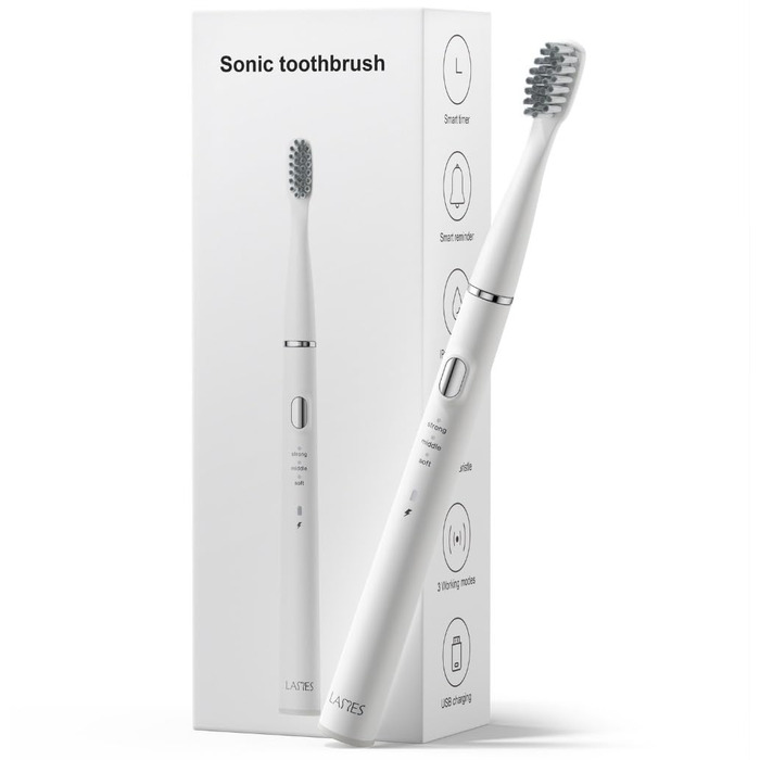 Звукова зубна щітка LAMES ультралегка та компактна, біла - до 100 днів роботи, 3 режими чищення, USB зарядка, ідеально для подорожей