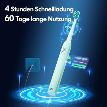 Електрична звукова зубна щітка для дорослих і дітей з 5 режимами чищення, таймером та 9 насадками Ultraschall (Синій/Зелений)