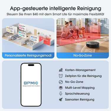 Робот-пилосос BPMIO з функцією миття підлоги та станцією самоочищення, потужність всмоктування 6500Pa, навігація LiDAR, час роботи 180 хвилин, ідеально підходить для шерсті тварин, килима та твердих підлог (B40 Plus)