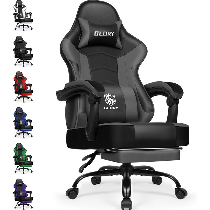 Ігровий крісло, офісне ергономічне крісло з регульованою підніжкою, з підголівником та підтримкою попереку, обертове, 150 кг, сірий