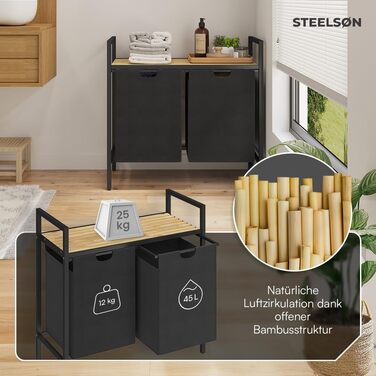 STEELSØN Rigil Кошик для білизни з 2 відділеннями – з полицею з бамбука – 2x 45 л – чорний металевий сортер для білизни – знімні мішки для білизни – контейнер для брудної білизни 2 відділення
