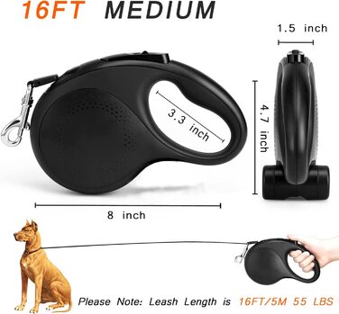 ТИК висувний повідець для собак, 4,8 м, висувний повідець для дрібних / середніх порід вагою до 25 кг (тримачі і сумки не входять в комплект) 16 футів(0-55 фунтів) Чорний