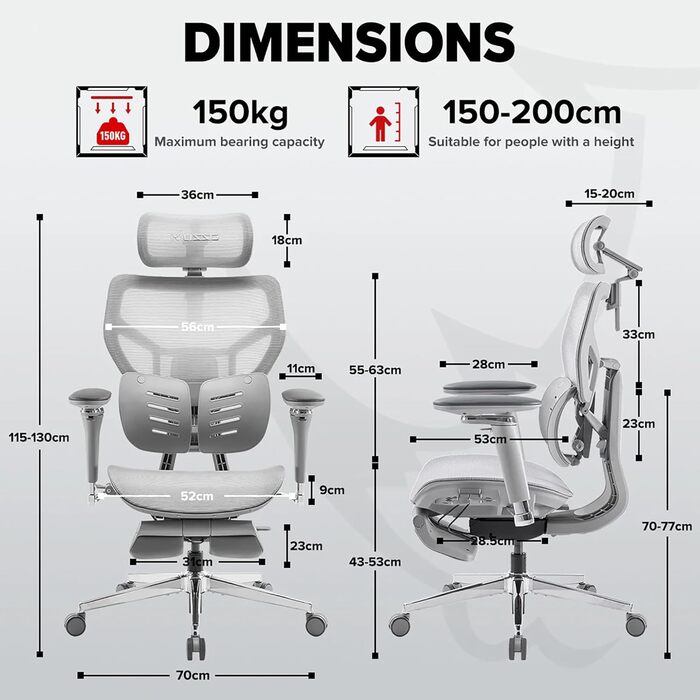Офісний крісло MUSSO X700 з підтримкою попереку GlideTrack, 6D підлокітники, 4D підголівник, ковзне сидіння та підставка для ніг – інтелектуальний комфорт для роботи, навчання та геймінгу (світло-сірий)