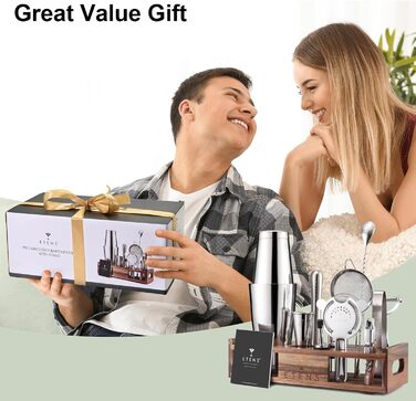 Набір бармена на 15 частин з дерев'яною підставкою – набір шейкерів Boston з нержавіючої сталі з мірним стаканом, ситом, мадлером та аксесуарами для бару – професійний міксологічний набір подарунок для дому та бару Silver