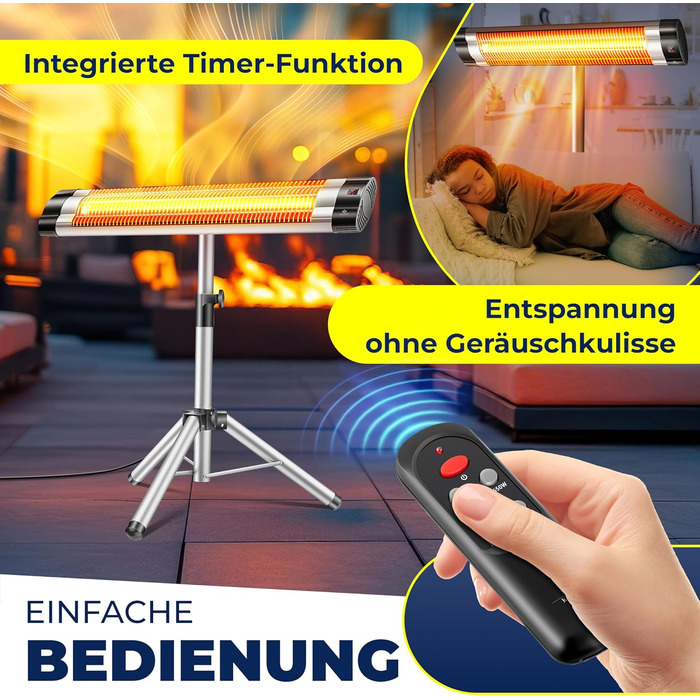 Інфрачервовий обігрівач KESSER® 2500W з пультом дистанційного керування та захисним чохлом, телескопічна стійка, для тераси, кварцовий нагрівач, срібний