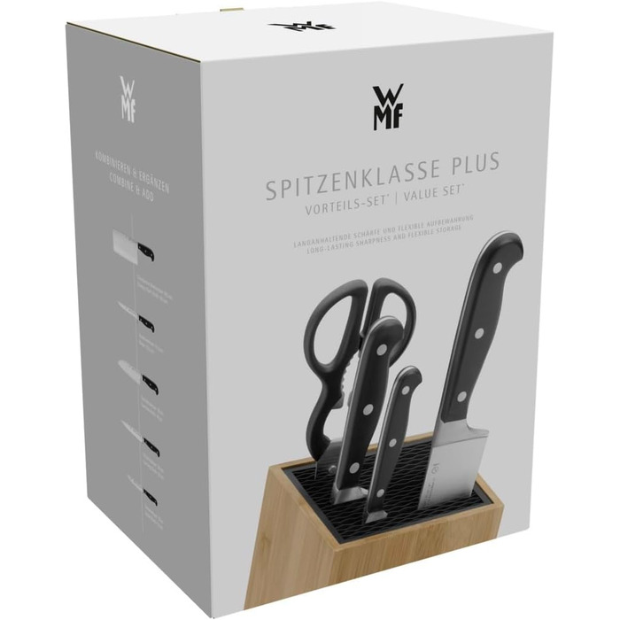 Набір ножів WMF Spitzenklasse Plus з підставкою, 5 предметів, Made in Germany, з бамбуковою підставкою та кухонними ножицями