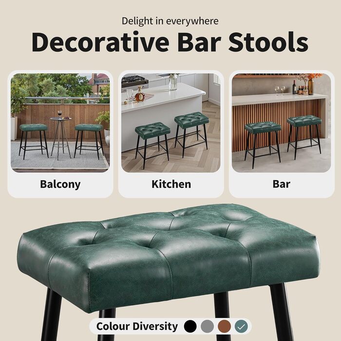 Набір з 2 барних стільців, м'яке сидіння з мікрофібри, ретро дизайн з підніжкою, висота 62.5 см, без спинки, для кухні, бістро, їдальні - сірий (зелений туфтинг)