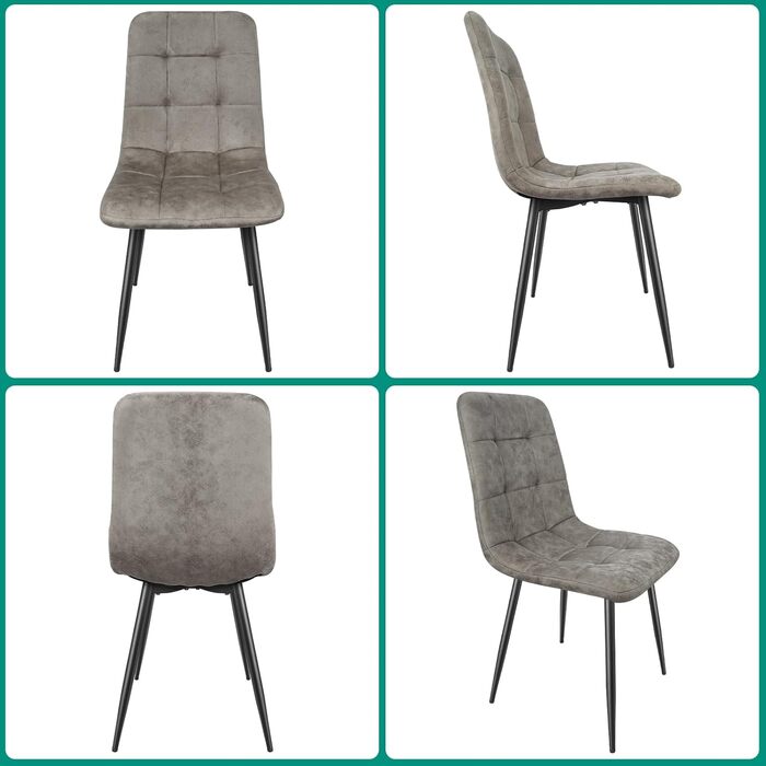 Набір обідніх стільців Techno, тканинні кухонні стільці, м'які стільці з чорними металевими ніжками, для їдальні, зони очікування та вітальні (4 шт., хакі-сірий)
