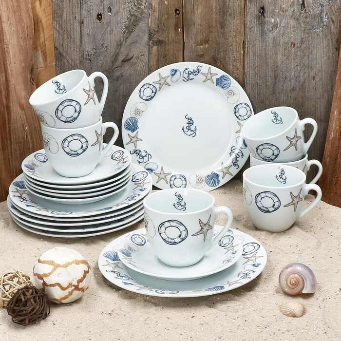 MamboCat Neptun - 18-ти елементний кавовий сервіз для 6 осіб з порцеляни з морськими мотивами (якір, мушля)
