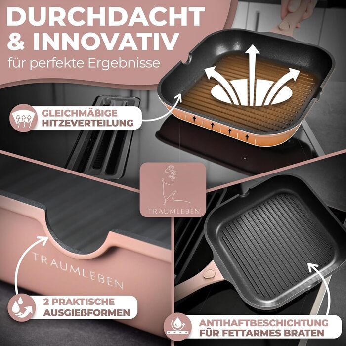 Сковорода-гриль NEU 28 см з виливом та знімним ручками, антипригарне покриття, без PFOA, для індукційних плит, можна використовувати в духовці | сковорода з покриттям для грилю | сковорода для стейків (Рожева)