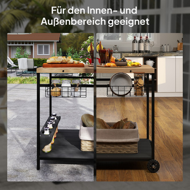 Сервісний візок, кухонний візок, 2 яруси, 4 тримачі для пляшок, для використання в приміщенні/на вулиці, колір: натуральний/чорний