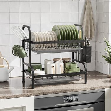 Сушарка для посуду NETEL 2-ярусна, чорна: з піддоном, тримачем для столових приборів та чашок
