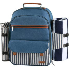 Набір для пікніка Sunflora на 4 особи з термосумкою та пледом, пікніковий кошик для кемпінгу та відпочинку на природі (синій та смугастий)