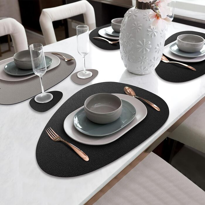 Набір з 6 серветок на стіл, миючі, з підставками, двосторонні, з імітацією шкіри, водонепроникні для обіднього столу, кухні, ресторану та дому (6 шт., чорний)