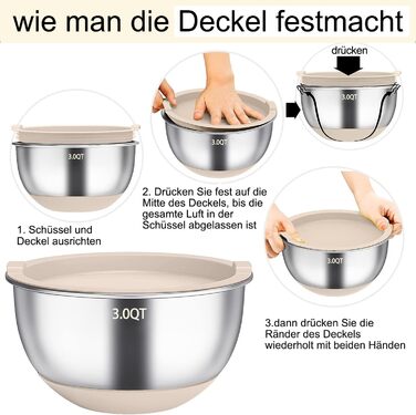 Набір мисок для перемішування (6 шт.) з нержавіючої сталі, набір салатниць з кришкою та силіконовим дном, 3 насадки-тертки, об'єм 4.7л/3.8л/2.8л/1.9л/1.4л/0.6л, неслизькі та стіксові - Хакі