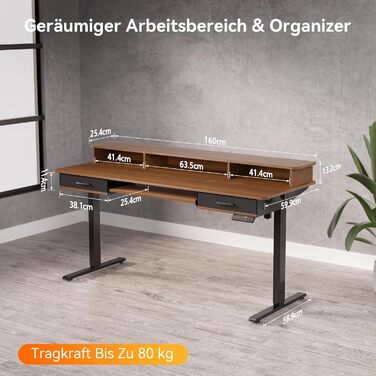 Регульований за висотою стіл WALKINGDESK для офісу, 160x60 см. Електричний, з полицею для клавіатури, 2 шухляди, білий.
