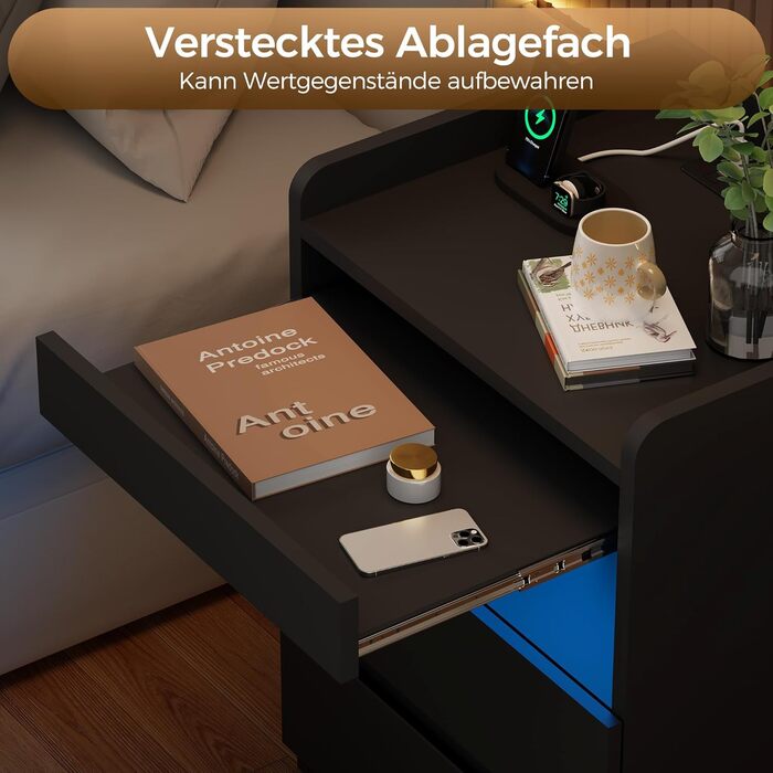 Нічний столик BEWISHOME 2 шт., з прихованою поличкою та розеткою, з функцією зарядки, для вітальні та спальні (чорний) EFCG02B