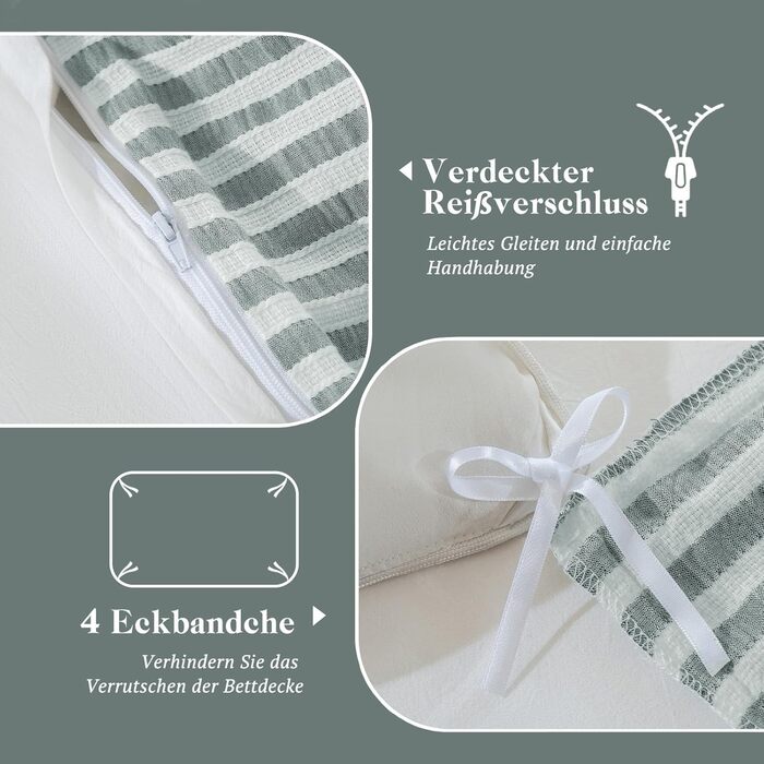 Набір постільної білизни SOULFUL 200x200, бавовна, смугастий дизайн, джакард, екологічна бавовна, бохо стиль, преміум якість, сертифікат Öko-Tex 100, колір деним (темно-зелений & білий), 4-елементний комплект (2x 135*200 см | 2x 80*80 см)