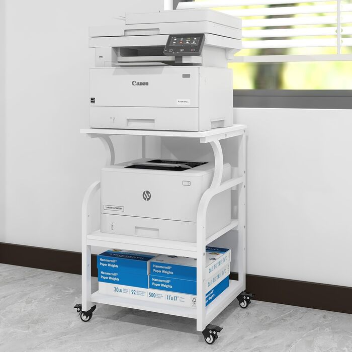 Регульований стіл для принтера PUNCIA з 3 ящиками, 60 x 50 см, на коліщатках, з дерева та металу, білий