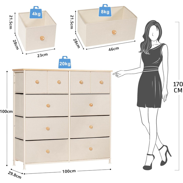 Комод з 10 тканинними шухлядами, меблі-органайзери для кухні/офісу/передпокою, тумба під телевізор (бежева)