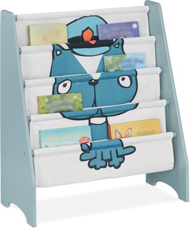 Дитяча книжкова шафа Relaxdays, HBD 71 x 61,5 x 30 см, дитяча книжкова шафа з мотивом собаки, 4 відділення, МДФ і тканина, синій/білий