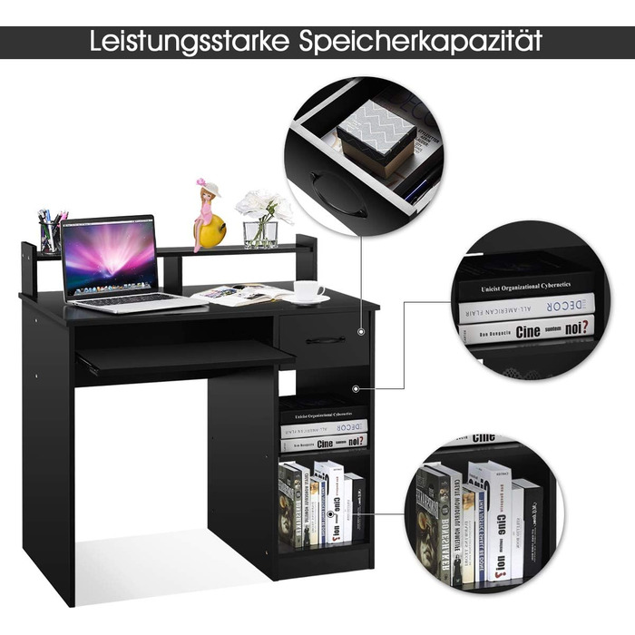 Письмовий стіл з шухлядою, шухлядою для клавіатури, лотком і відкритим відділенням, компактний комп'ютерний стіл Стіл для ПК Офісний стіл Робочий стіл, 90 x 48 x 91,5 см (чорний)