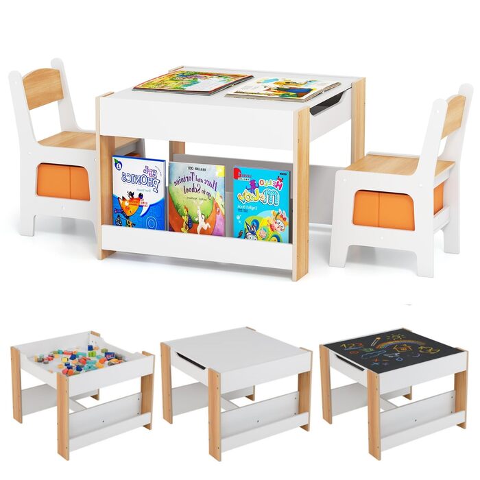 Дитячий стіл LIFEZEAL 3 в 1 з 2 стільцями: стіл для малювання, активностей та ігор. Дерев'яна дитяча група з місцем для зберігання (натуральний колір)