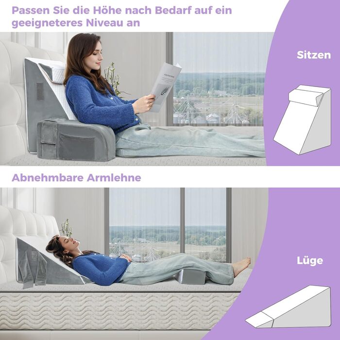 Велике подушко-крісло для читання Babenest з підлокітником, високоеластична піна, ергономічна підтримка спини, подушка для шиї та підголівник, подушка для рефлюксу для сну, ігор, перегляду телевізора для ліжка та дивану, білий та сірий