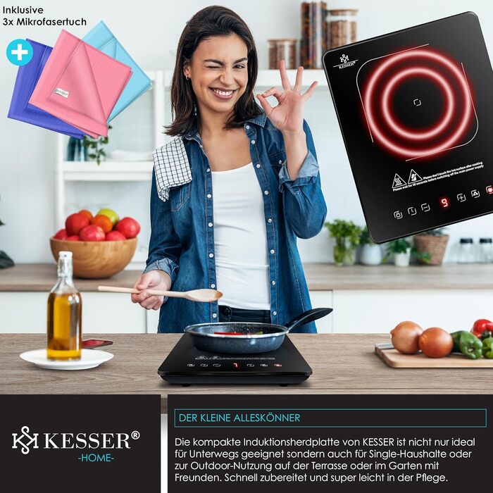 Індукційна плитка KESSER® 2100W з 1 зоною, 28 см, сенсорне керування, таймер, мікрофібра та рецепти