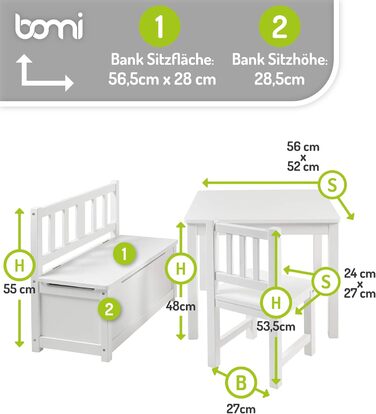 Дитячий меблевий набір Bomi Anna: стіл, 2 стільці та лавка-сховище | Меблі для дитячої кімнати з FSC сертифікованого дерева | Білий