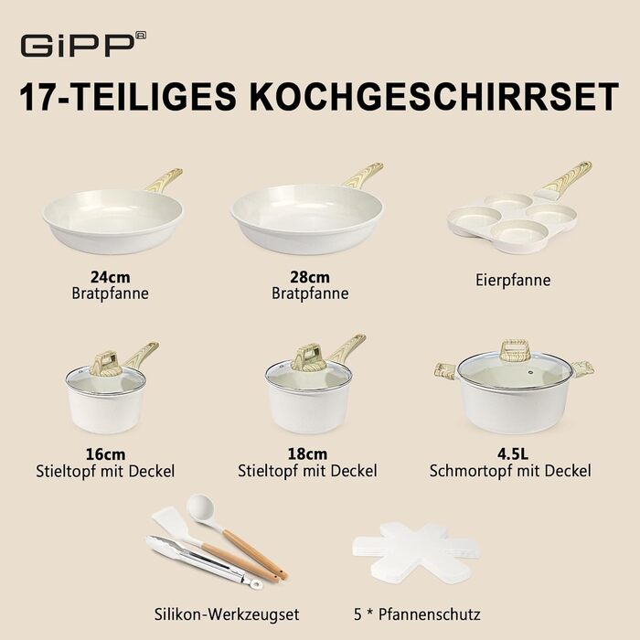 Набір кухонного посуду GiPP з керамічним покриттям, антипригарний, придатний для миття в посудомийній машині, без PFAS, білий, 17 предметів