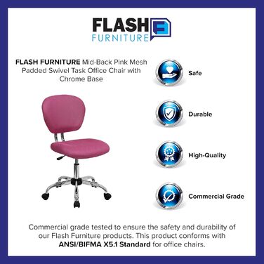 Офісне крісло Flash Furniture H-2376-F-WHT-GG, середня спинка, сітка, хромована основа, рожева, без підлокітників