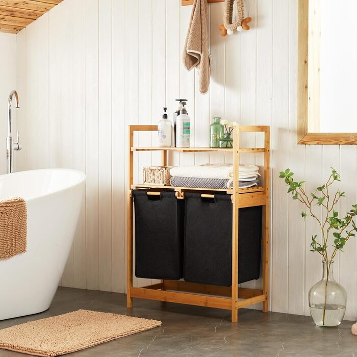 Кошик для білизни Youdenova з бамбукового каркасу, 2 відділення, 2 мішки для білизни, 93x64x33 см, 70 л, чорний