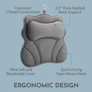 Подушка для ванни WONDERfoam з ергономічною підтримкою голови, шиї та спини, сірого кольору. Матеріал: піна пам'яті, антиковзаюча, машинне прання, дихаюча, швидковисихаюча.