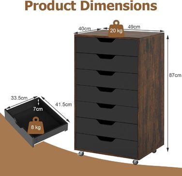 Роликовий контейнер KOMFOTTEU з шухлядами, мобільний офісний шафчик, шафка для документів на колесах, білий офісний візок, шафка для паперів та документів (Коричневий)